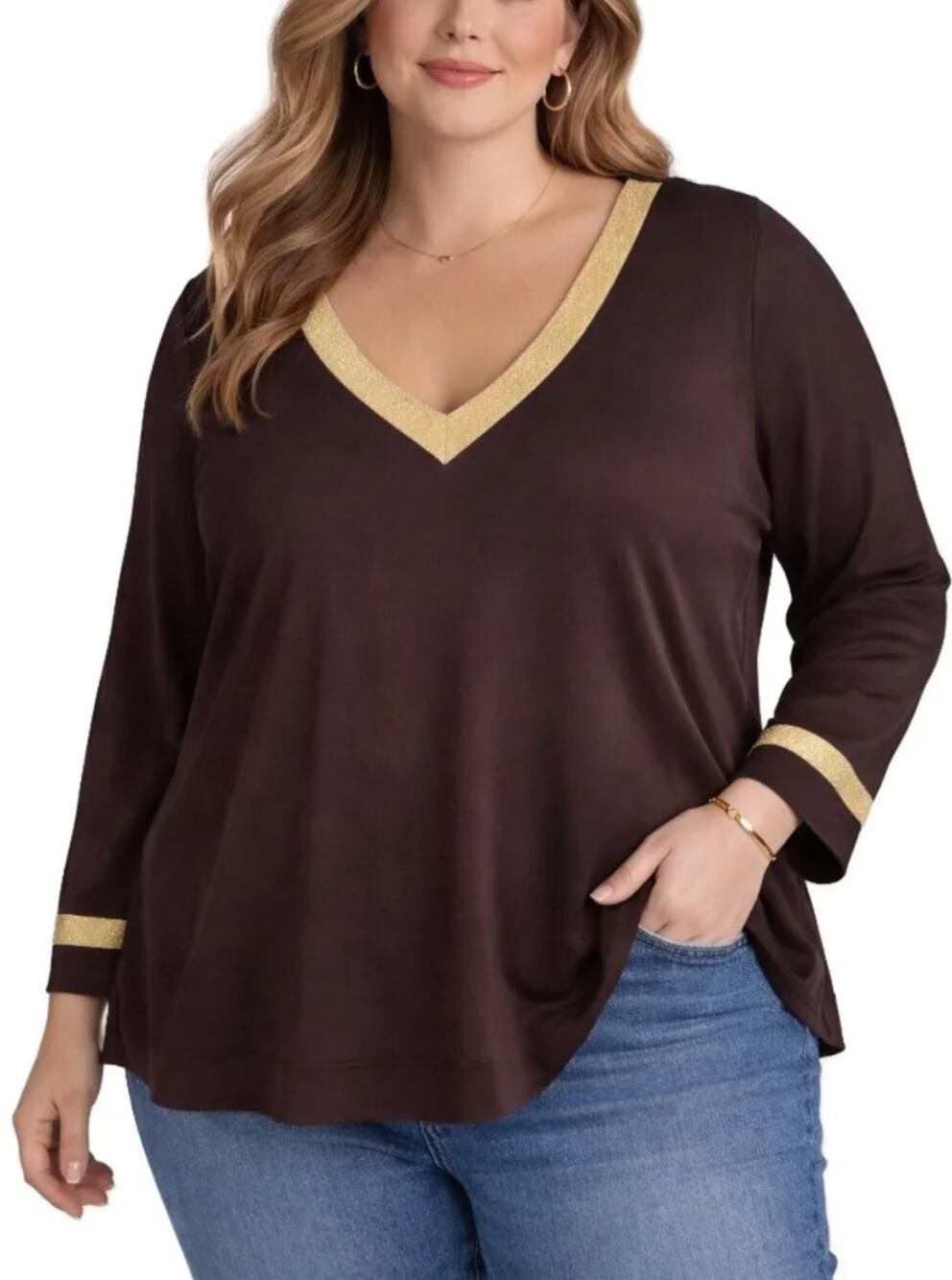 Belle by Kim Gravel ScubaLuxe Top 3X Brown V-Neck Shimmer Trim Long Sleeve